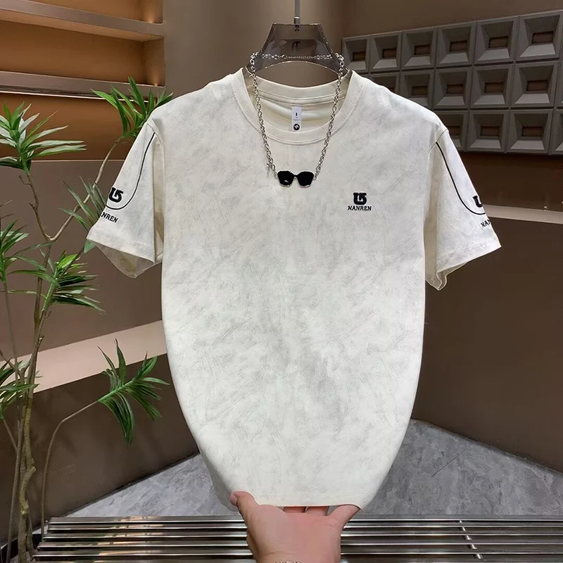 夏季新款时尚刺绣休闲T恤男士宽松圆领半袖体恤衫简约百搭潮牌t恤