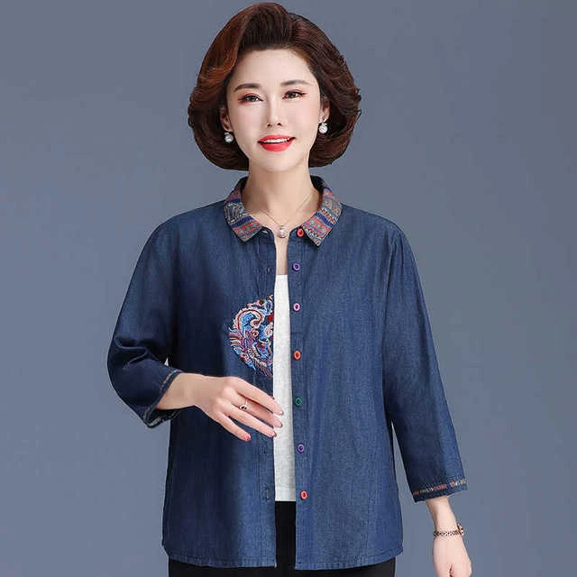 中老年妈妈洋气牛仔棉衬衫七分袖春夏装新款大码50岁薄款外套女
