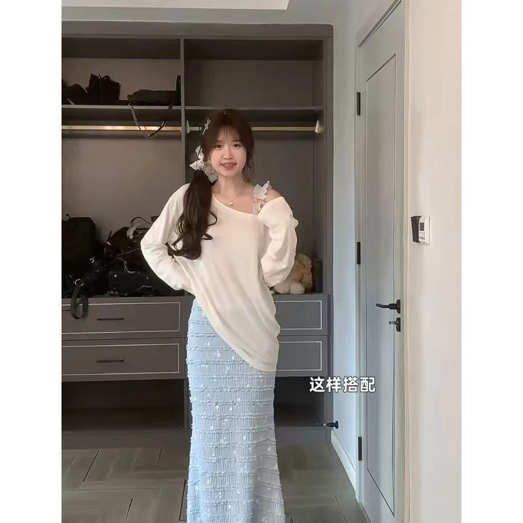 夏季穿搭一整套2025新款韩版宽松斜肩长袖设计感显瘦半身裙两件套