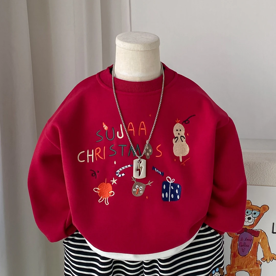 男童加绒卫衣秋冬款2025新款儿童套头衫刺绣年服男孩红色圣诞上衣