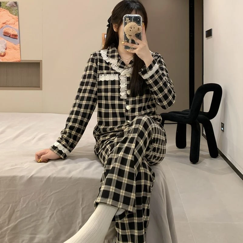 秋冬款慵懒风睡衣卡通可爱翻领开衫长裤女德绒可外穿家居服套装