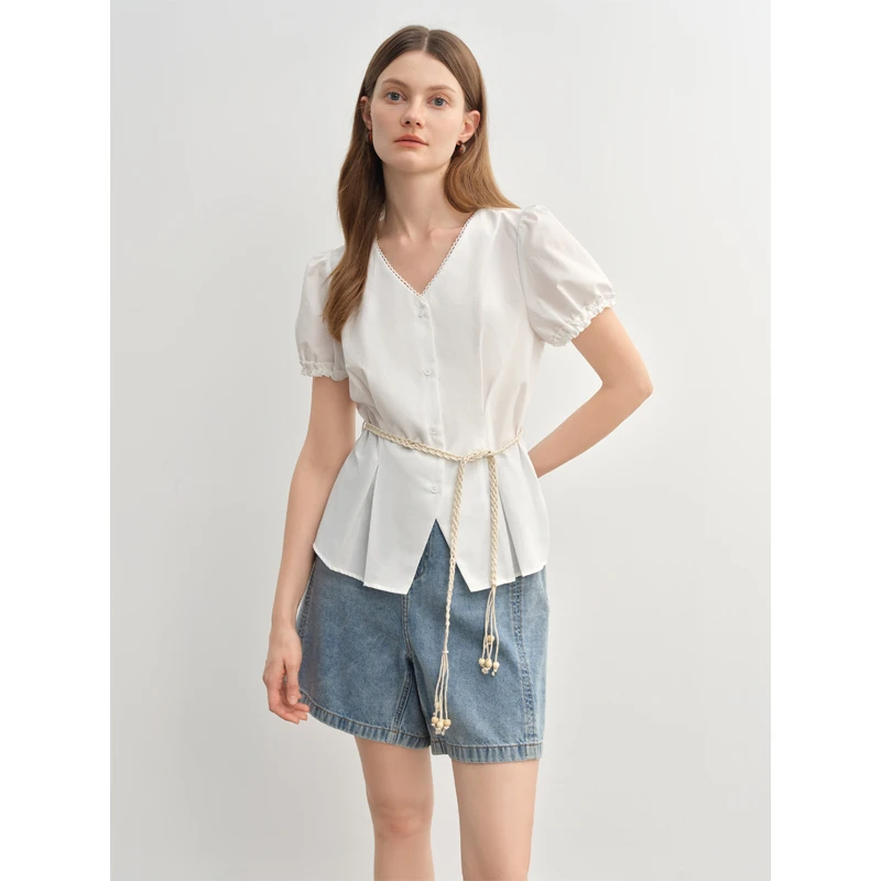 独束大码女装法式短袖衬衫腰带装饰压褶收腰V领小衫25DS82897