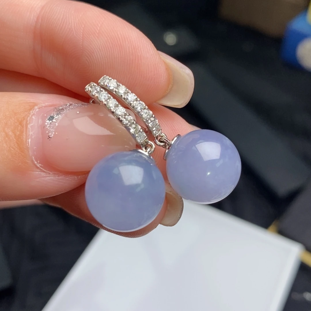 18K金镶嵌翡翠耳饰紫珠珠（卡12.8mm）