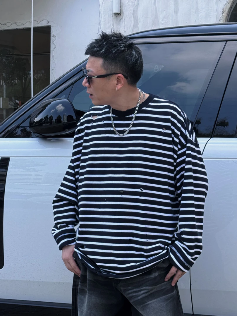 Korean Uncle#韩国正品#「两色落肩」秋冬磨毛做旧条纹卫衣