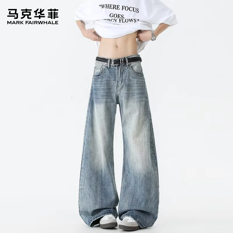 马克华菲秋季美式竹节纹牛仔裤弯刀宽松直筒复古高腰显瘦男女同款