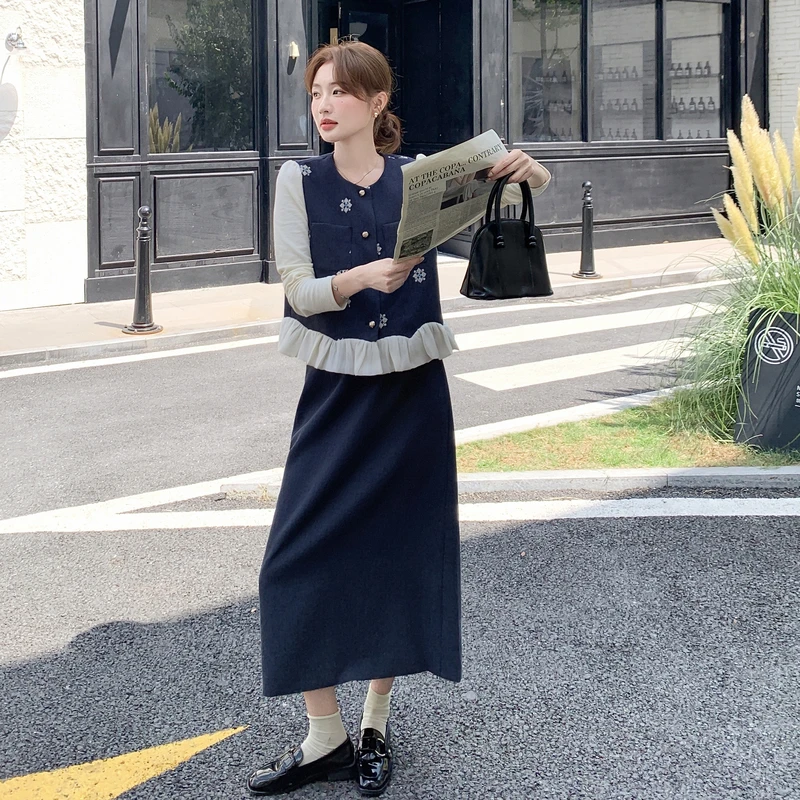韩系温柔风穿搭套装女2025秋季新款减龄刺绣马甲上衣半身裙三件套