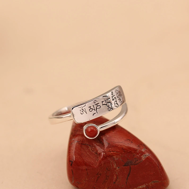 S925纯银实心戒指镶嵌南红玛瑙小众民族风简约梵文银戒气质可调节
