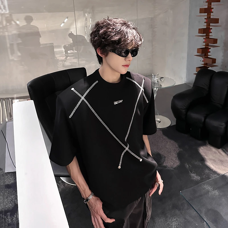 美式复古垫肩设计款小众立体T恤衫男款宽松金属感夏季短袖上衣潮