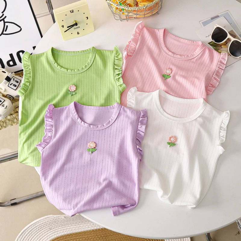 莫代尔T恤无袖冰丝薄款婴儿花边袖宝宝T夏季新款婴儿秋季背心衣服