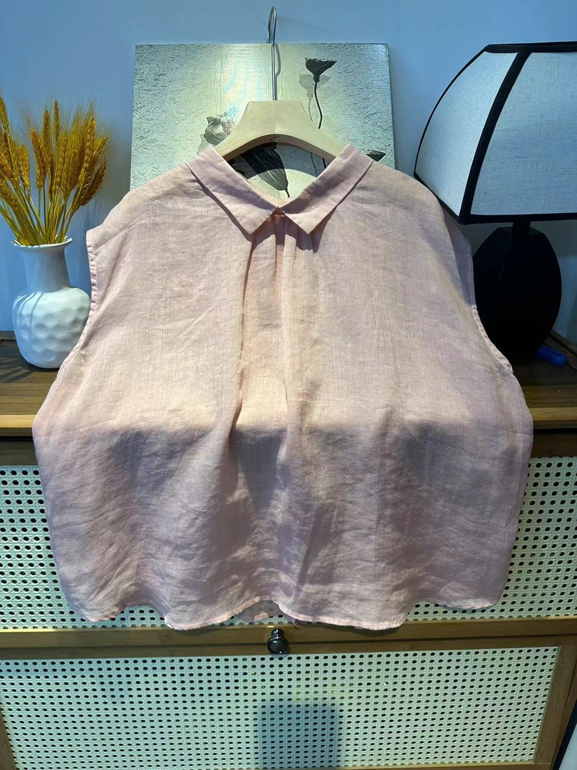 100%的苎麻无袖纯色后纽扣苎麻衬衫女夏季时尚单品