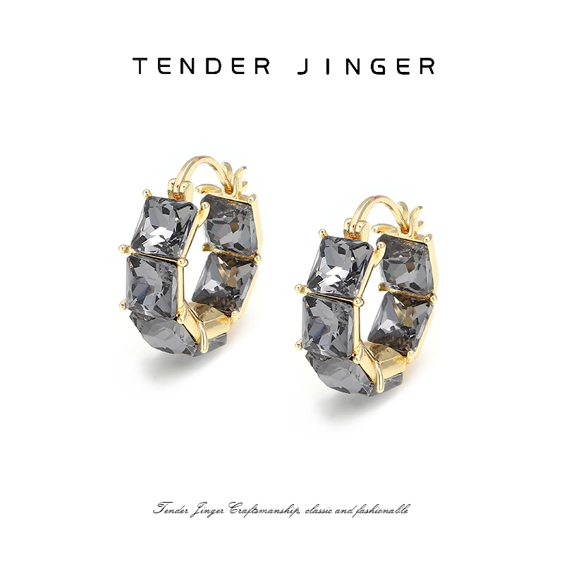Tender Jinger 铜合金耳饰 【镀K金】高级感灰黑色方形百搭轻奢耳圈