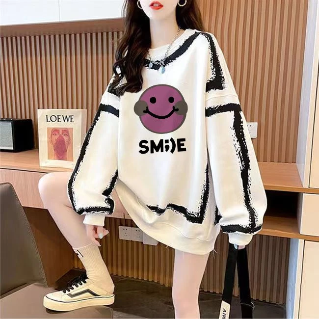 大码女装加绒笑脸印花加绒卫衣女秋冬爆款休闲宽松ins潮显瘦上衣