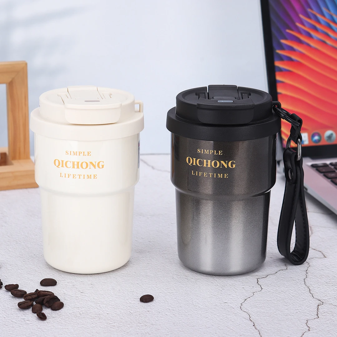 双饮带吸管咖啡杯户外便携车载随手旅行杯304不锈钢渐变保温杯