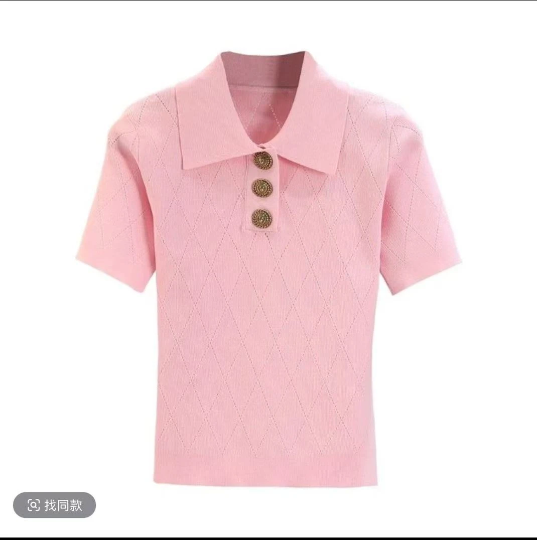 （193）设计感甜美通勤风翻领常规袖镂空修身短袖百搭毛针织衫短款