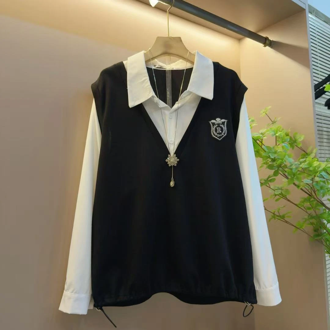 韩系减龄新款翻领拼接设计感显瘦假两件百搭上衣（长65左右）