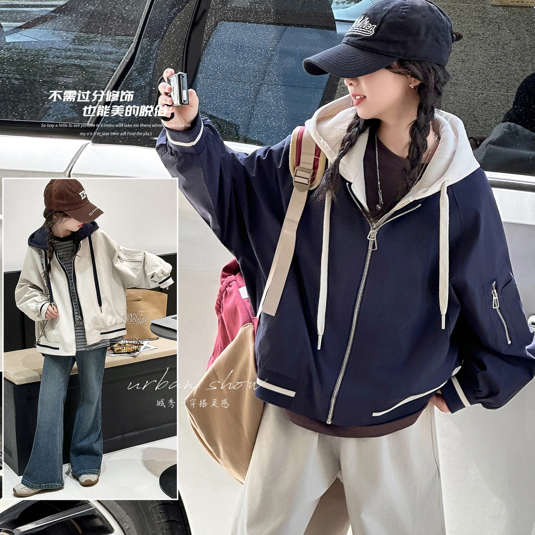 女童秋季新款夹克外套女学生韩版宽松连帽休闲外套儿童拼色外套潮