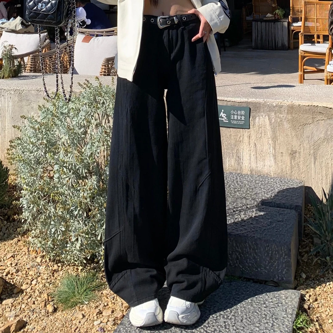 3MER百搭重工拼接弯刀牛仔裤女中腰拖地阔腿裤子直筒长裤