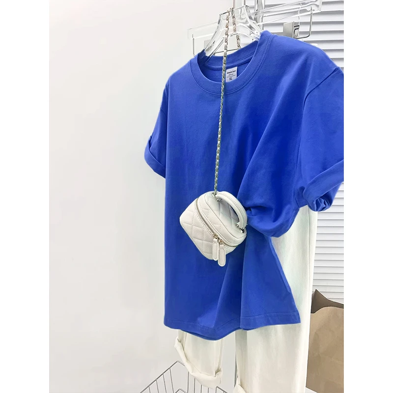 显白克莱因蓝新疆全棉半袖2025新款爆款夏季纯棉设计感小众宽松