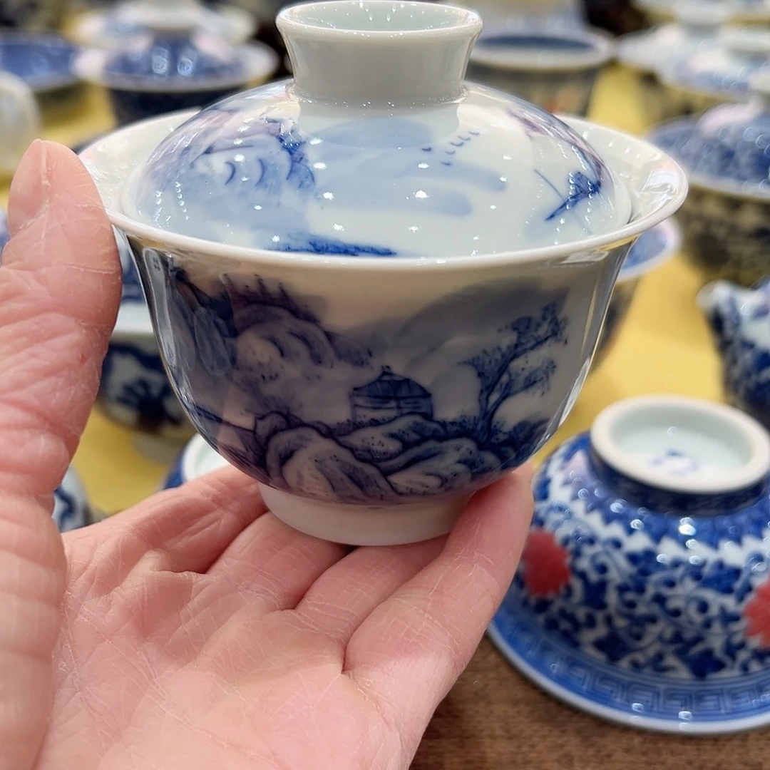 老*人正宗紫晶柴窑微瑕山水盖碗