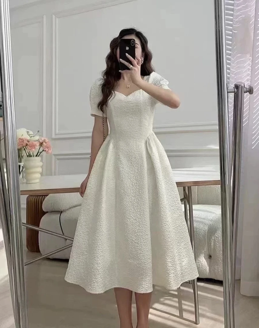 S-XL夏季温柔系感气质高腰大摆中长款短袖连衣裙SH123