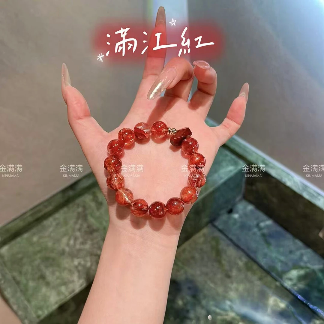 【满江红】天然水晶红胶花手串12m A657