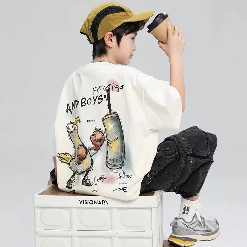 【100%纯棉】中大童潮服日系酷帅宽松上衣新款夏季男孩男童打底衫