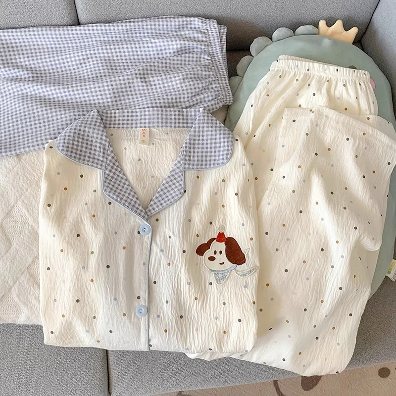 带胸垫甜美睡衣女夏季薄款波点小狗短袖三件套可外穿少女风家居服