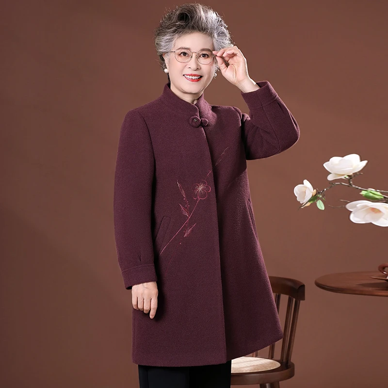 中老年妈妈装秋冬季喜婆婆长款毛呢大衣女老人奶奶太太呢子厚外套