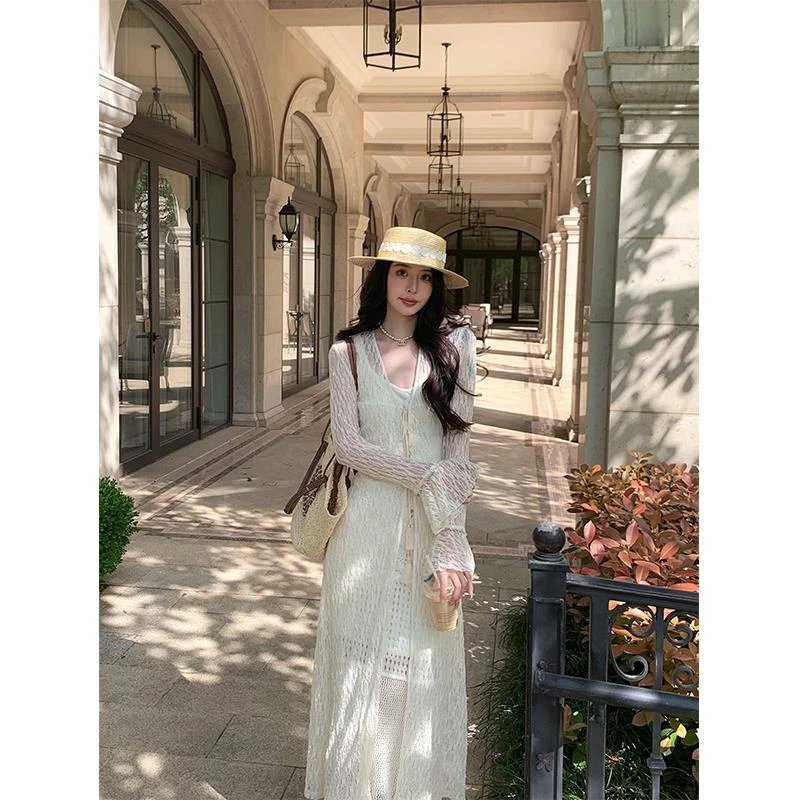 米色网纱长袖衬衫女设计感夏季长款开衫上衣新款