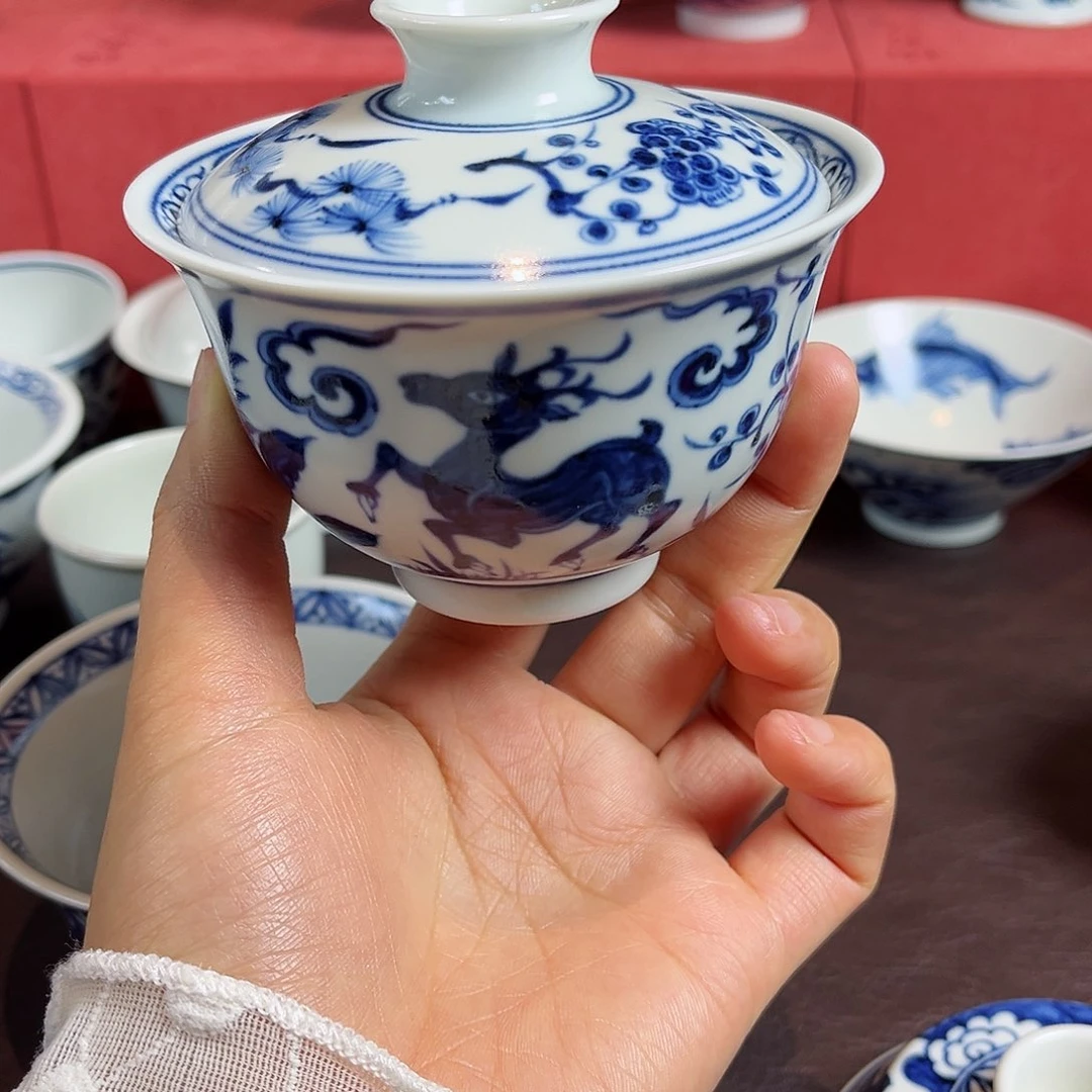 S****n青花一路有你盖碗全手绘原矿釉烧制