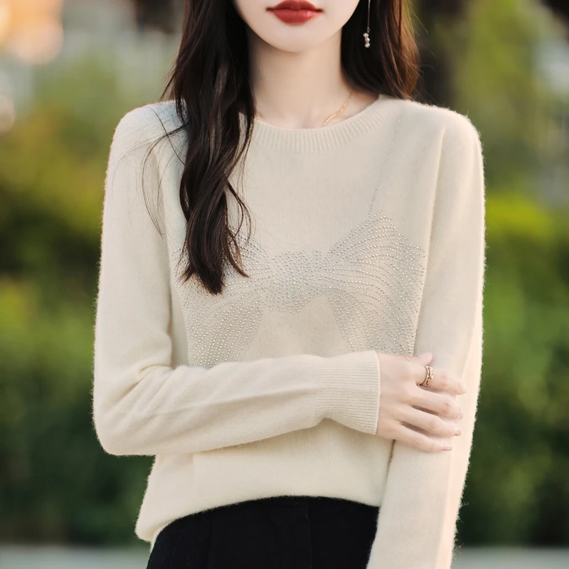 【时尚款 精纺羊毛】~圆领烫钻蝴蝶女针织打底衫长袖套头毛衣456