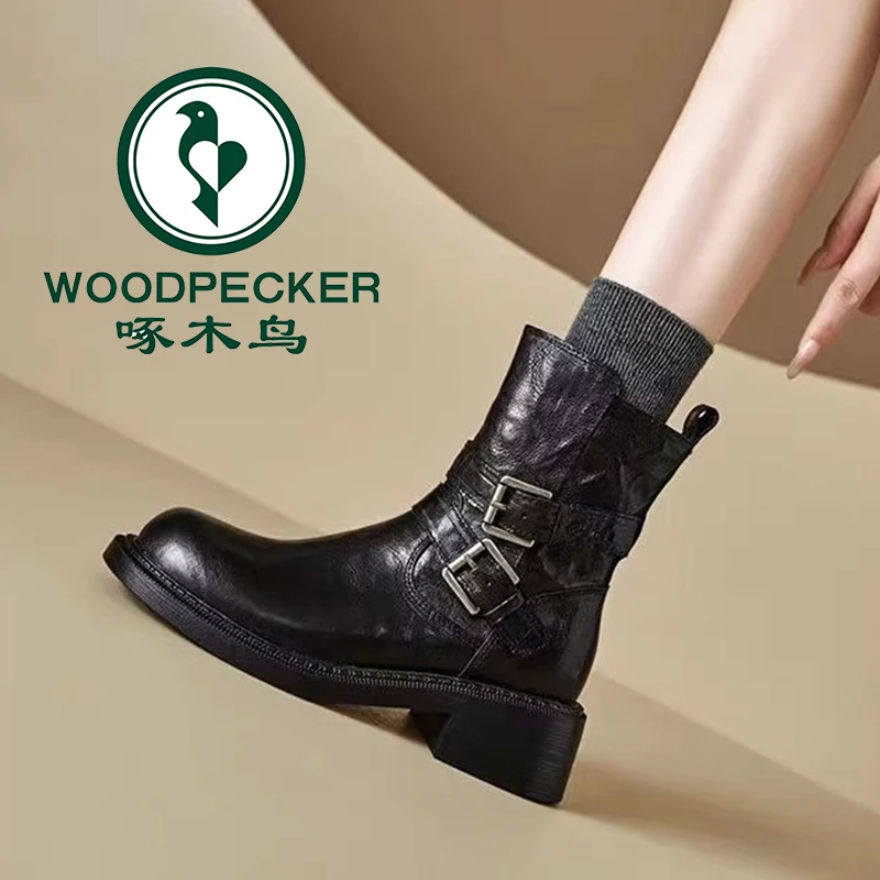 啄木鸟软皮马丁靴女低跟2025年秋冬新款百搭侧拉链短靴复古英伦风