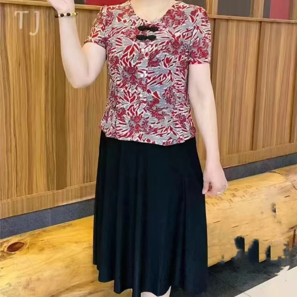 9859-中老年连衣裙女夏季新款洋气遮肉显瘦短袖裙子[B20-1-1]