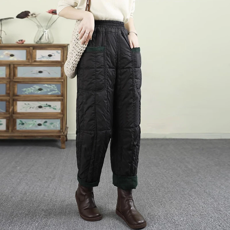 [90白鸭绒]不臃肿羽绒裤女士长裤松紧腰拼色哈伦裤保暖外穿靴裤子