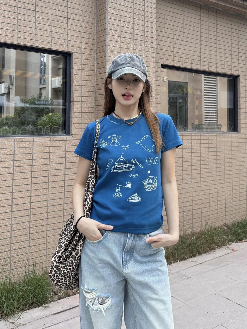 小众刺绣简笔图正肩短袖t恤女夏季新款修身显瘦韩系百白色上衣