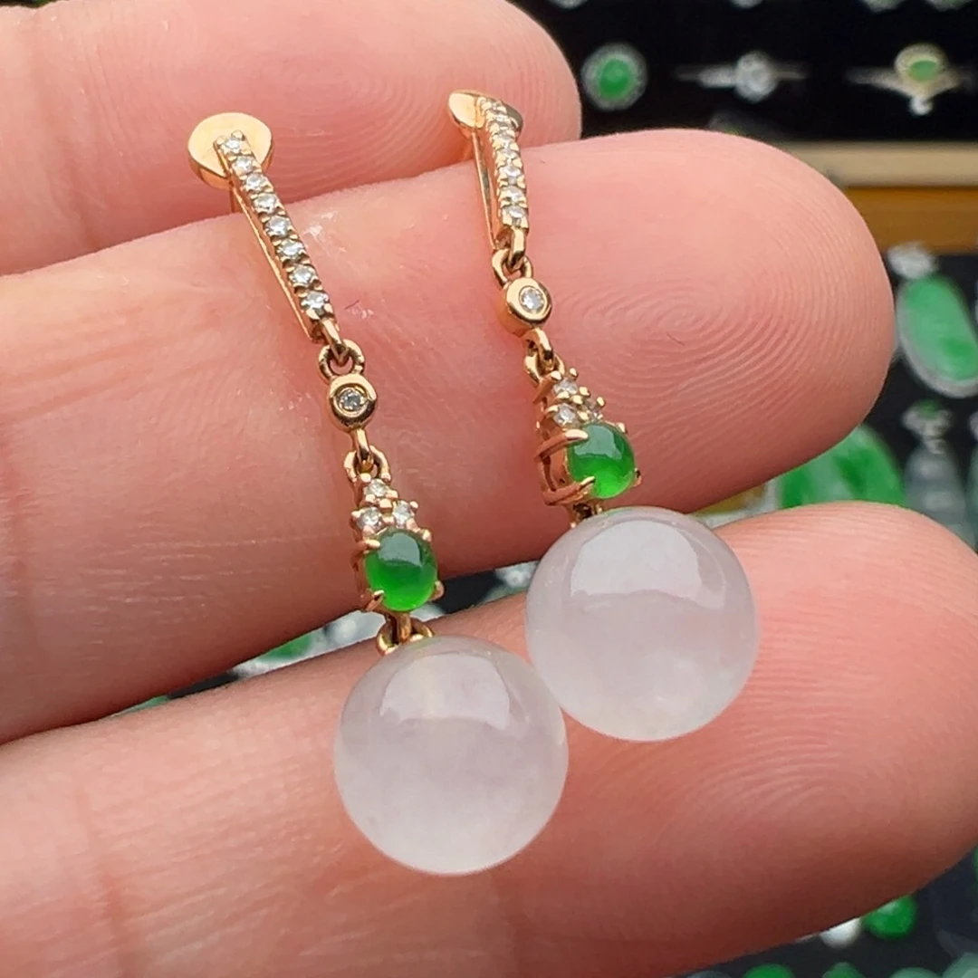 翡翠18K金镶嵌耳饰珠子7.6