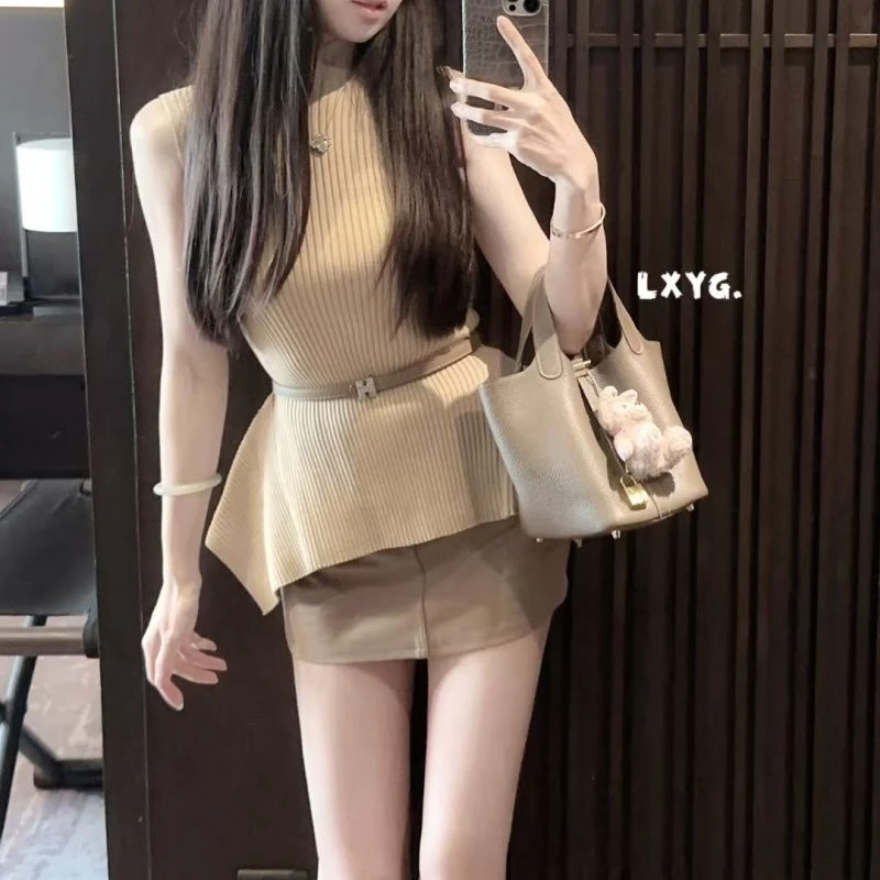 夏季名媛风气质半高圆领挖肩无袖背心针织衫女百搭收腰小裙摆上衣