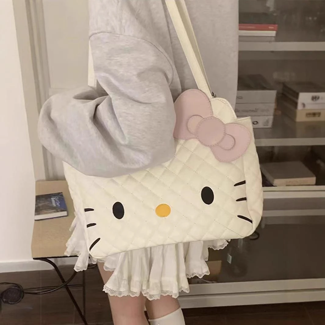 白色猫猫双肩包包女新款潮时尚卡通托特包大容量菱格背包学生书包