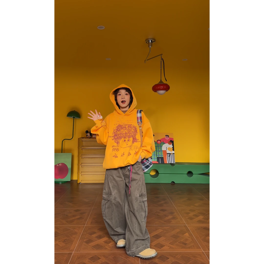 （蘑菇头雀斑少女）美式复古小众撞色小领口卫衣连帽宽松慵懒风情侣