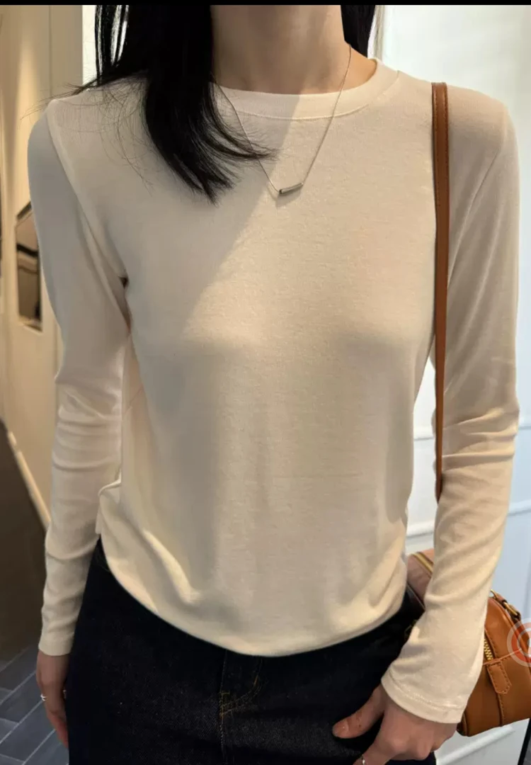 柔软女士长袖休闲风半高领拼接春秋圆领T恤秋冬纯色