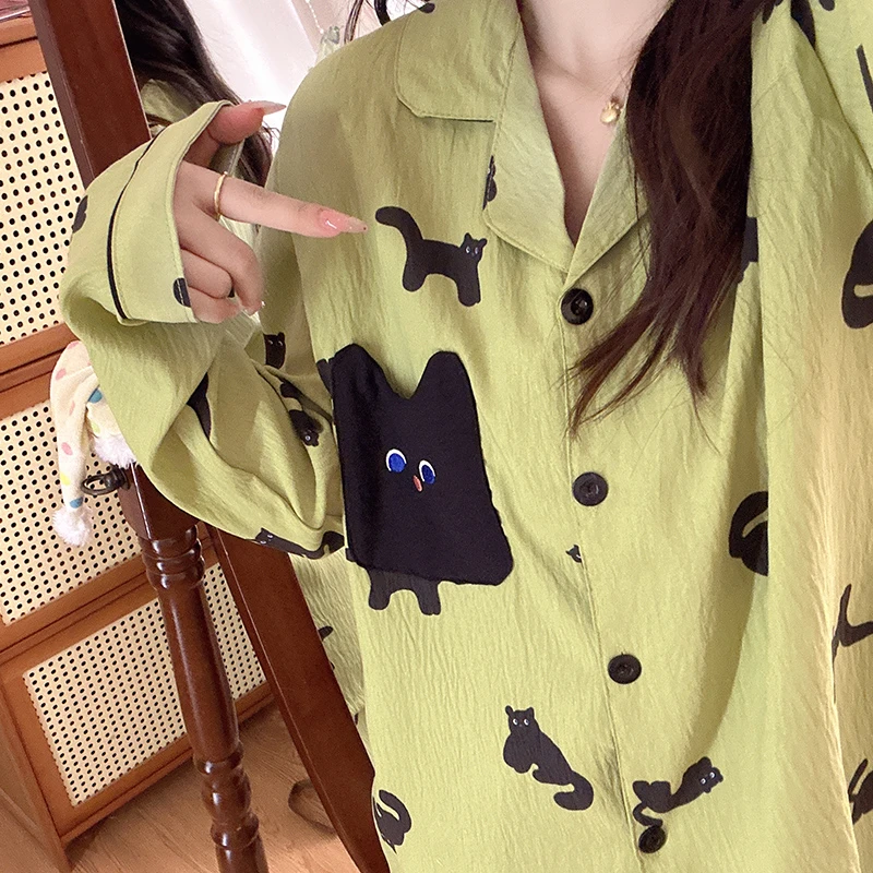 2025新款绿色黑猫睡衣女款春秋季长袖长裤套装可爱卡通秋冬家居服