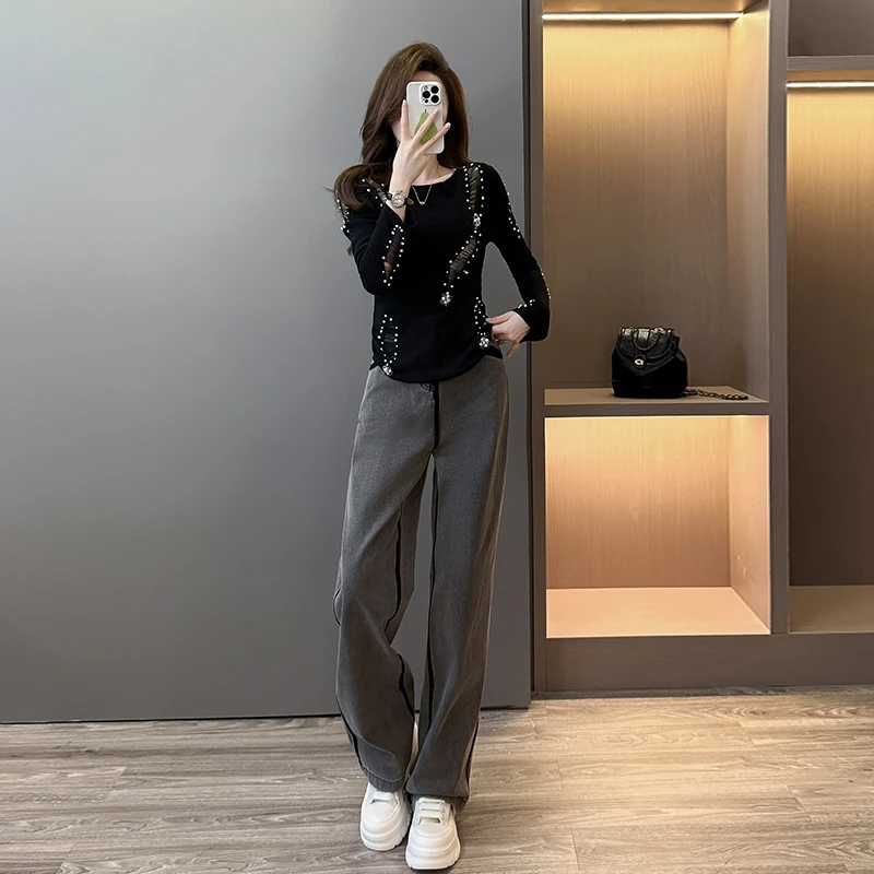 超好看单穿重工钉珠镂空长袖打底针织衫女秋冬内搭毛衣高级感上衣