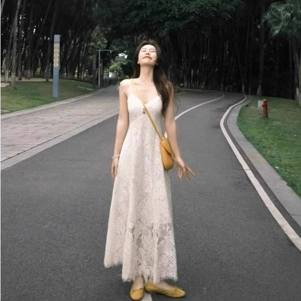 哥弟阿玛施正品法式领重工蕾丝吊带连衣裙女夏季薄款长袖针织外套