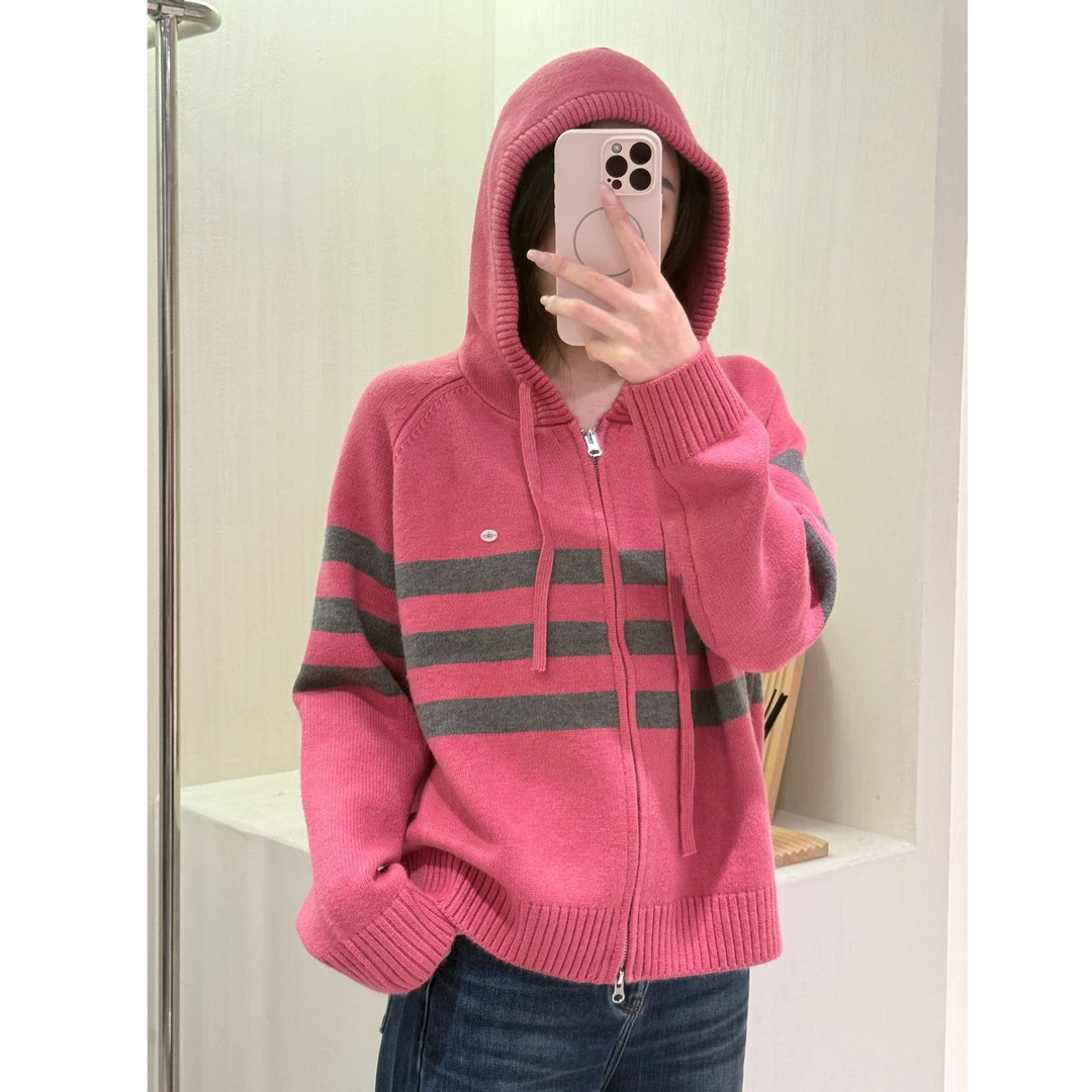 秋冬新款女韩版宽松时尚连帽条纹羊毛开衫百搭休闲保暖毛衣ZB0086