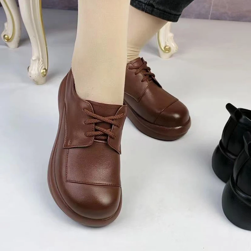 四季通用舒适百搭头层牛皮秋季新款松糕厚底系带2025复古百搭女鞋