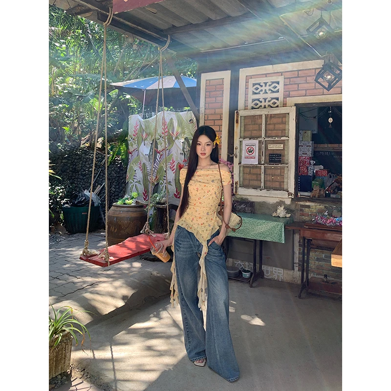 【小杏花】夏季辣妹复古一字肩上衣碎花不规则气质法式T恤251V0053