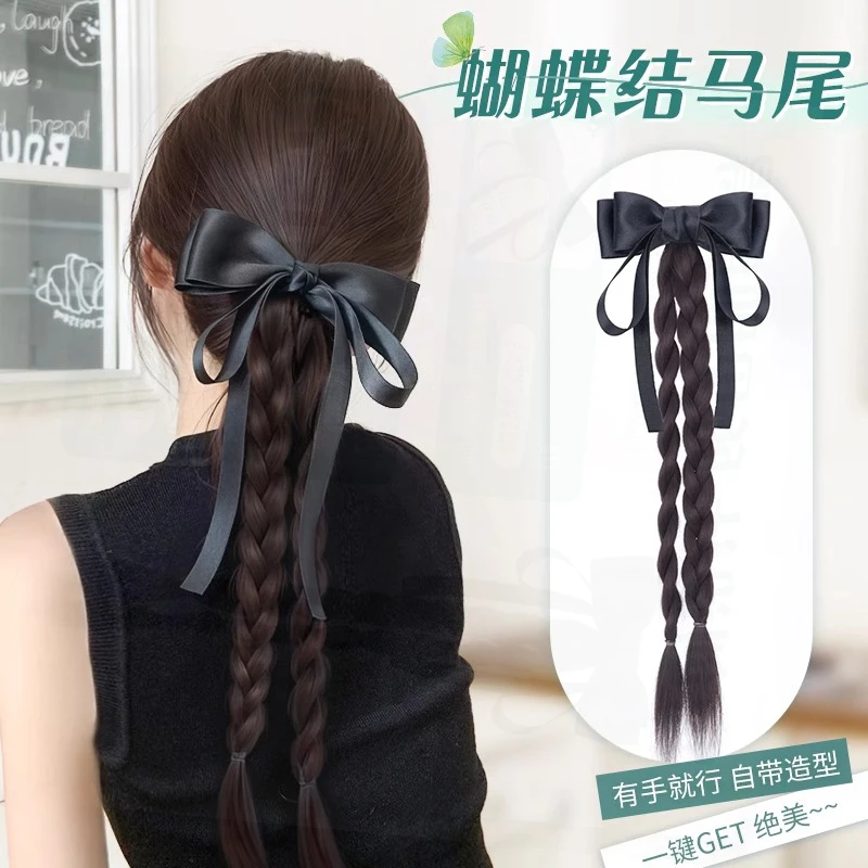 假发辫子女蝴蝶结麻花辫低马尾假发长辫子发饰自然仿真假发辫马尾