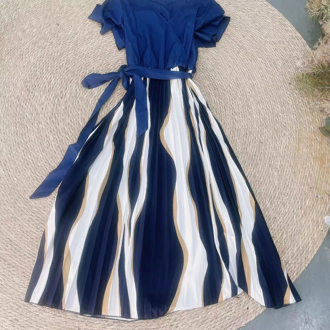 77 时尚韩版撞色条纹性感深V领套头长袖松紧高腰连衣裙