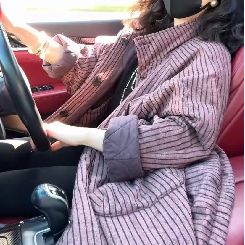红色宽松加厚中长款竖条纹棉衣棉服女2025新款秋冬夹棉风衣外套潮