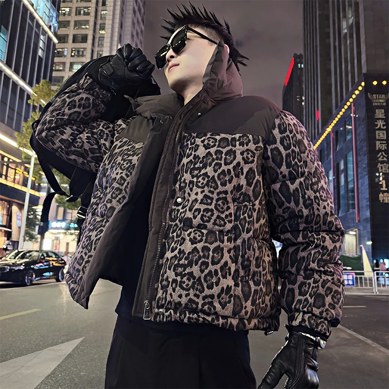 男士冬季外套潮流豹纹面包服百搭冬季短款设计感加厚修身立领棉衣